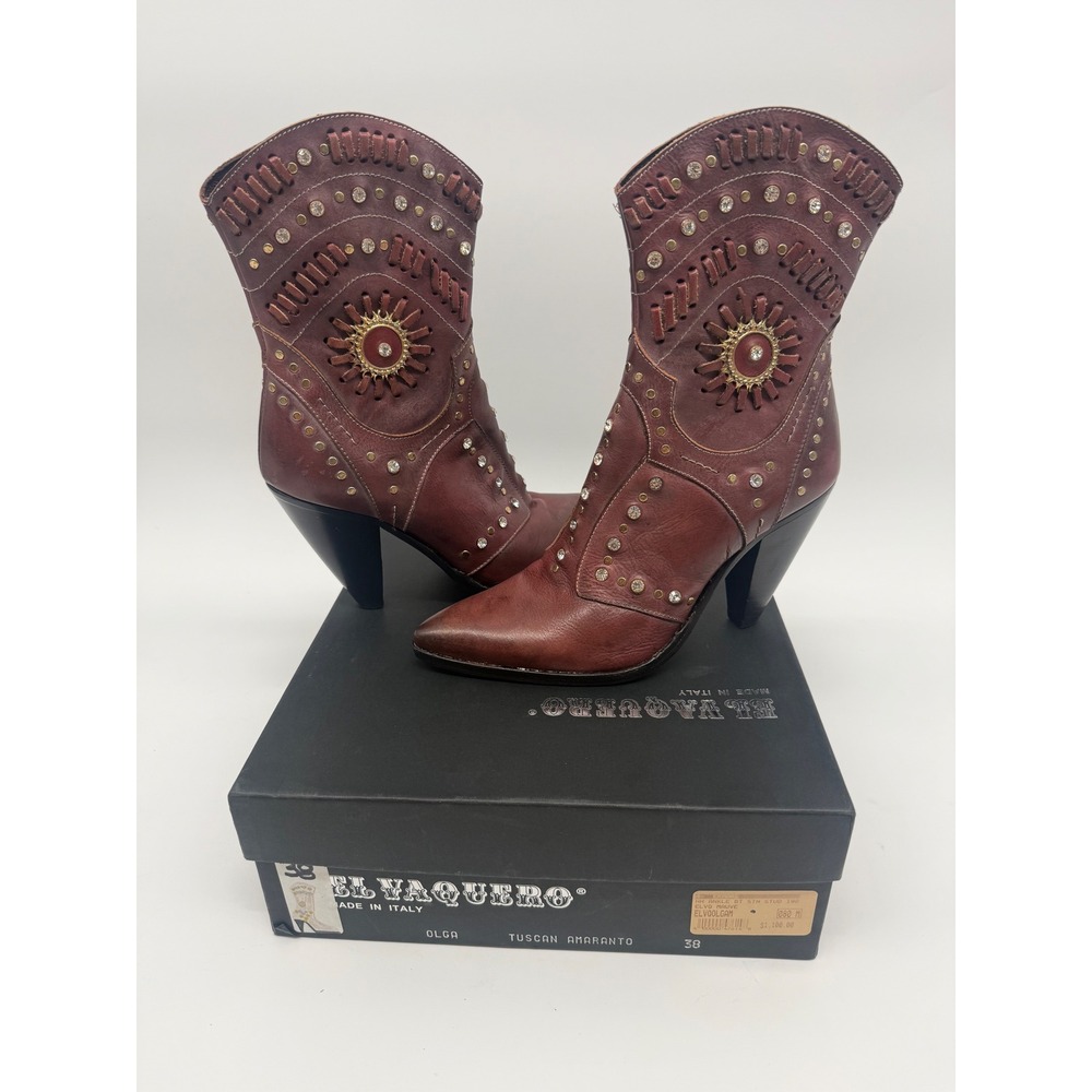 El Vaquero‎ Studded Crystal Boots 38 US 8 Boho Western Festival Pointed Heel